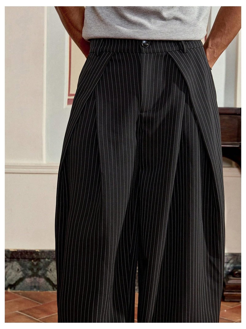 BEAUDRM Men's Wide Leg Baggy Pants Zipper Fly Pleated Dress Pants Casual Business Suit Trousers with Pockets Slacks for Men Black Striped Medium - Image 4