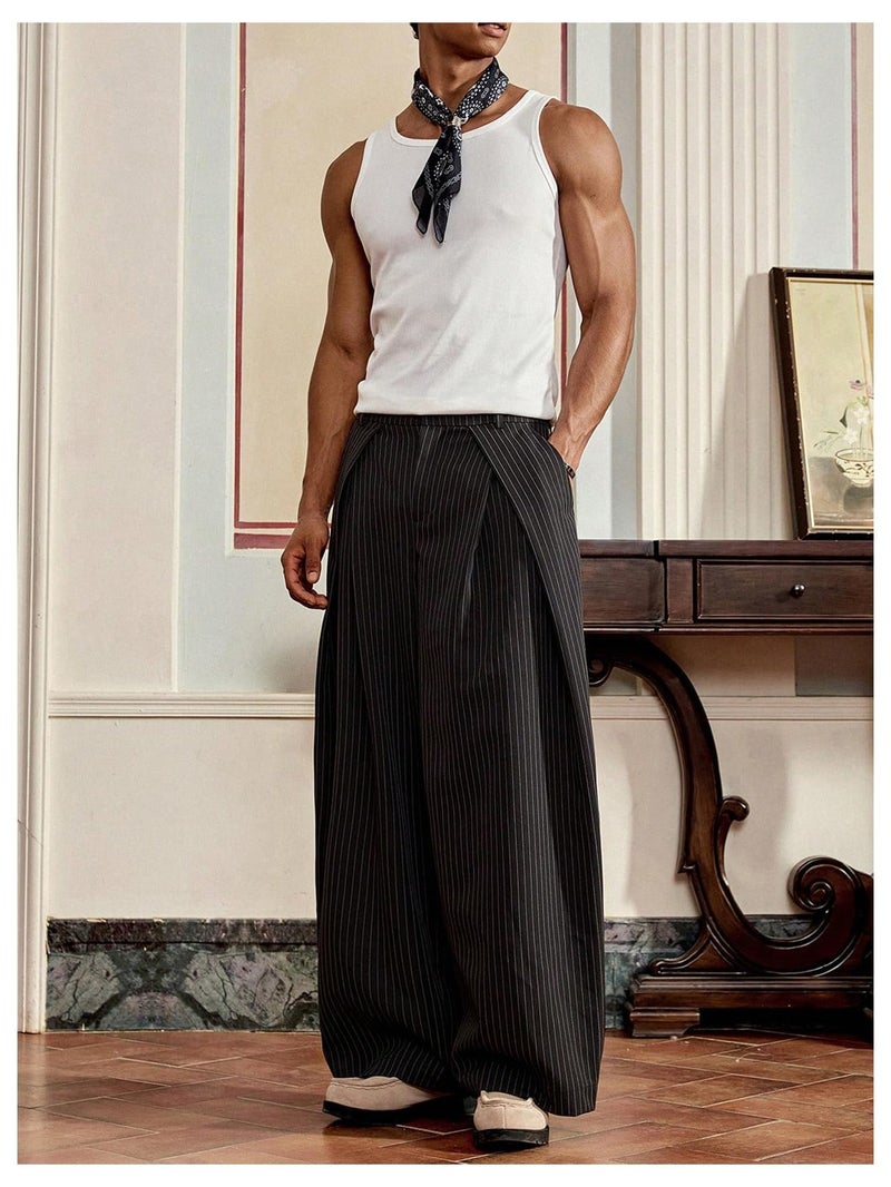 BEAUDRM Men's Wide Leg Baggy Pants Zipper Fly Pleated Dress Pants Casual Business Suit Trousers with Pockets Slacks for Men Black Striped Medium - Image 3