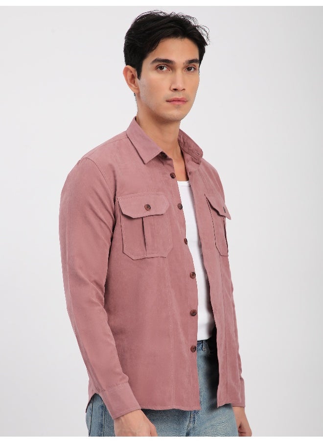 Beyoung Mauve Pink Panel Suede Shirt  - Image 3
