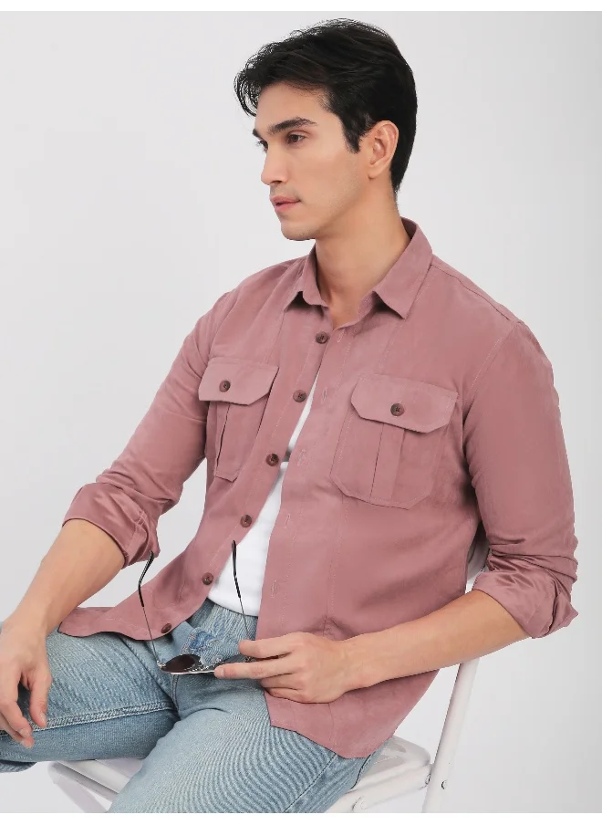 Beyoung Mauve Pink Panel Suede Shirt