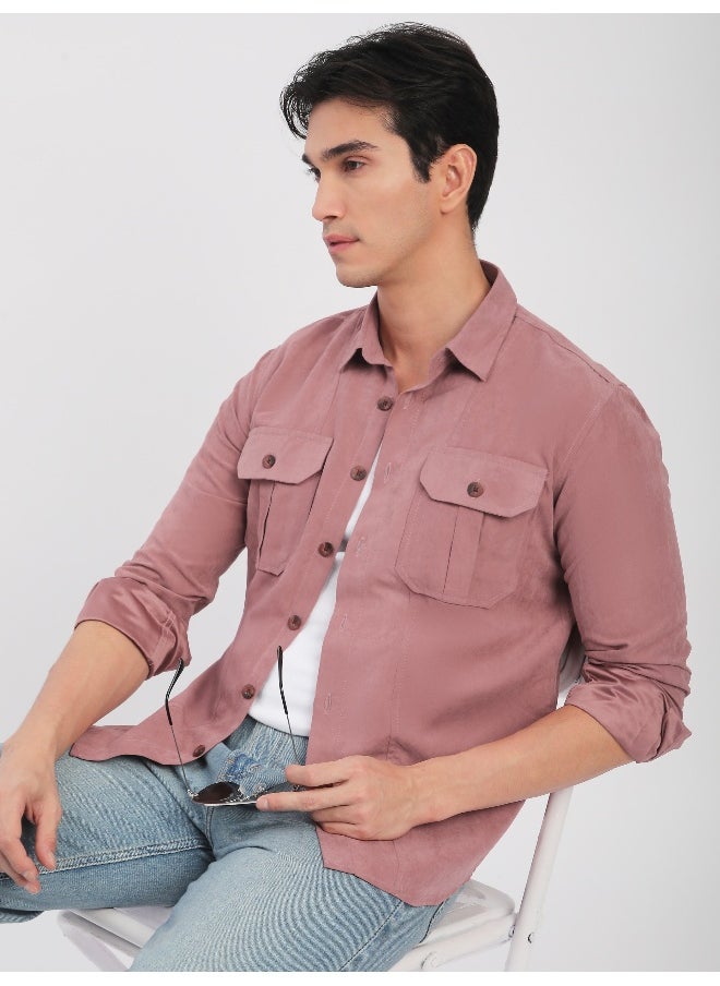 Beyoung Mauve Pink Panel Suede Shirt  - Image 2