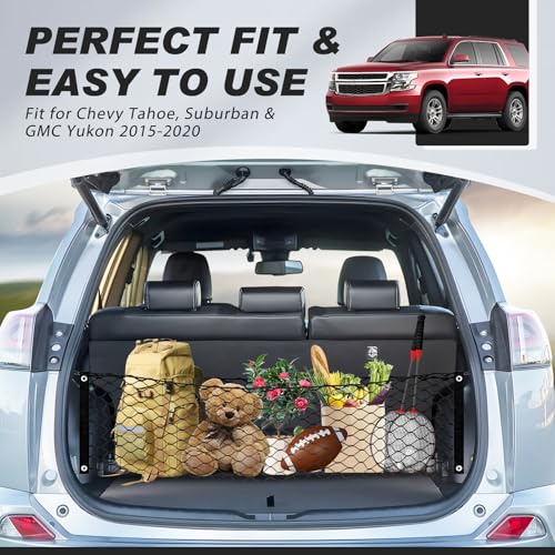 Karltys Cargo Net for 2015-2020 GMC Yukon/Chevy Tahoe/Suburban Envelope Style, Highly Elastic Rear Trunk Cargo Net for GMC Yukon Double Layer Nylon Mesh Netting with Metal Hooks - Image 2
