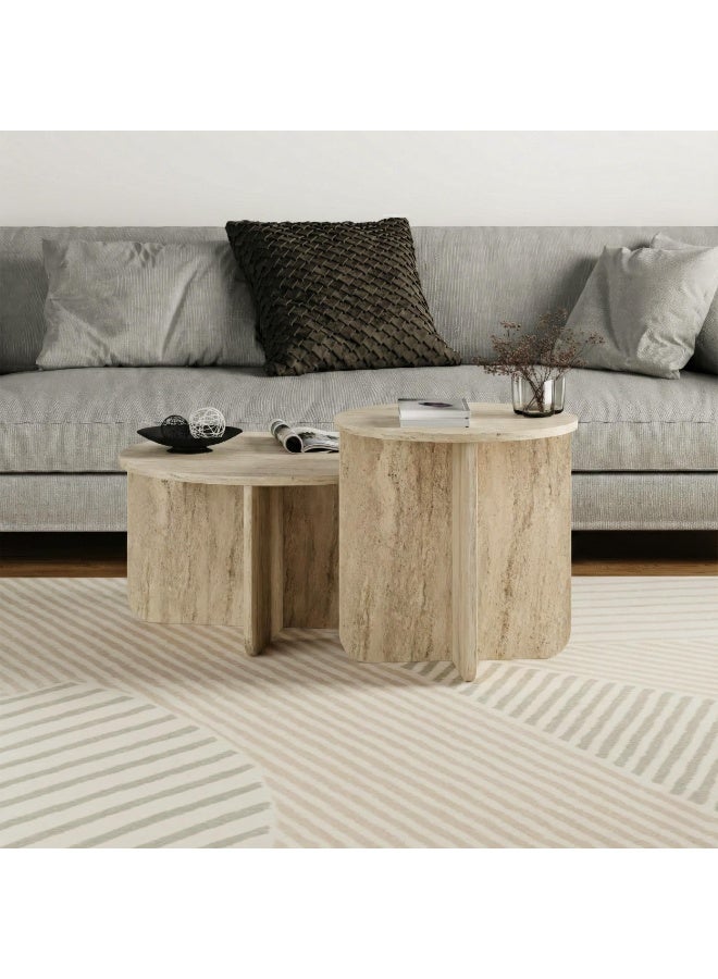 Mourah Home Nesting Coffee Table Set, Travertine Style, Minimalist Living Room Center Table Round Shape, 2 Piece Set, 70x50x110 CM (Travertine Beige) - Image 2