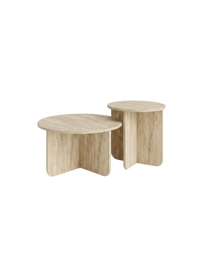 Mourah Home Nesting Coffee Table Set, Travertine Style, Minimalist Living Room Center Table Round Shape, 2 Piece Set, 70x50x110 CM (Travertine Beige) - Image 3