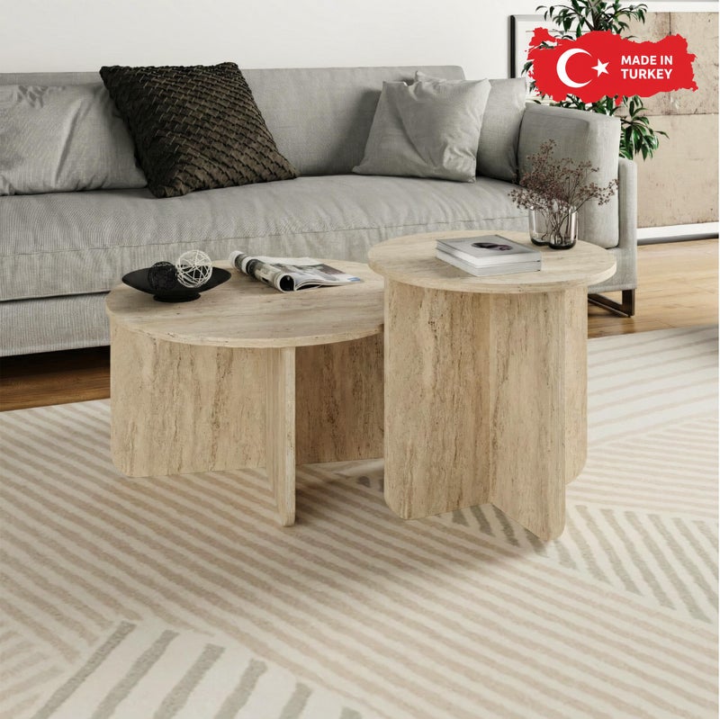 Mourah Home Nesting Coffee Table Set, Travertine Style, Minimalist Living Room Center Table Round Shape, 2 Piece Set, 70x50x110 CM (Travertine Beige) - Image 1
