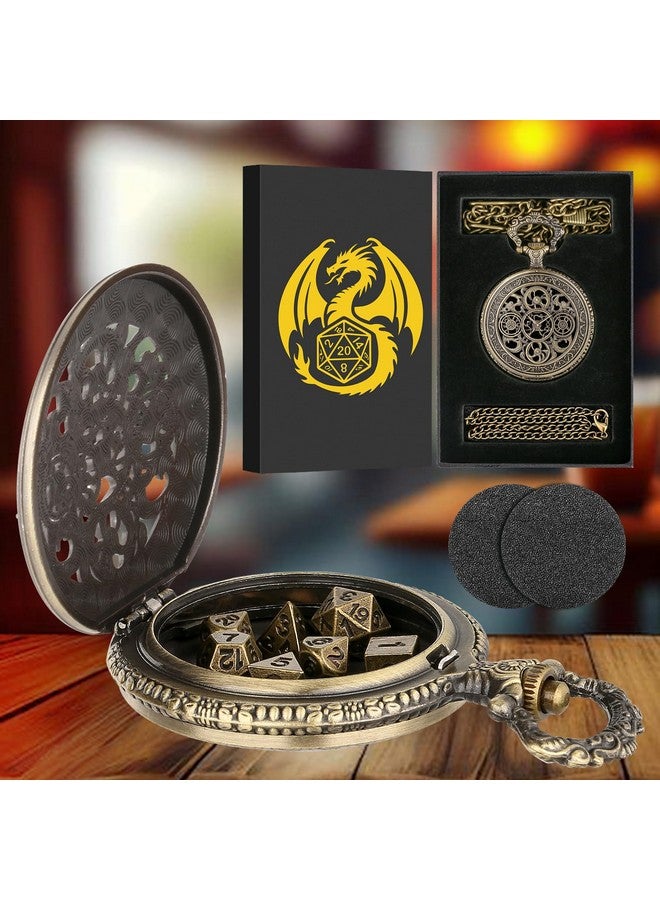 Keller & Weber Mini DND Dice Set with Steampunk Hollow Gear Pocket Watch Case, Tiny 7-Piece Polyhedral Metal D&D Dice, DND Gifts with Gift Box, Role Playing Game Board Game Accessories Dice, Bronze  - Image 2
