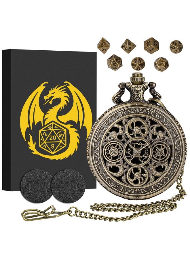 Keller & Weber Mini DND Dice Set with Steampunk Hollow Gear Pocket Watch Case, Tiny 7-Piece Polyhedral Metal D&D Dice, DND Gifts with Gift Box, Role Playing Game Board Game Accessories Dice, Bronze  - Image 1