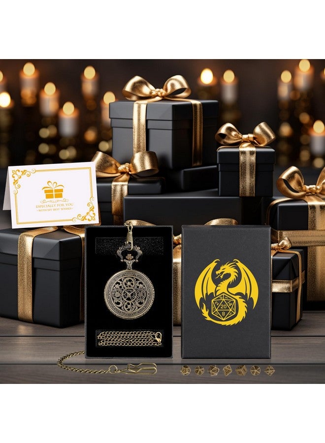 Keller & Weber Mini DND Dice Set with Steampunk Hollow Gear Pocket Watch Case, Tiny 7-Piece Polyhedral Metal D&D Dice, DND Gifts with Gift Box, Role Playing Game Board Game Accessories Dice, Bronze  - Image 3