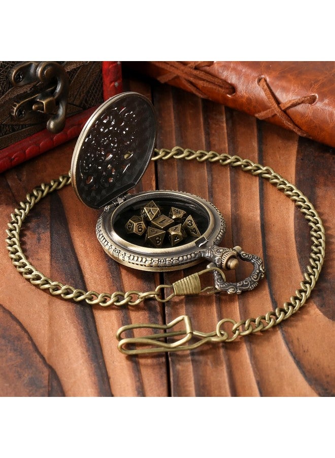Keller & Weber Mini DND Dice Set with Steampunk Hollow Gear Pocket Watch Case, Tiny 7-Piece Polyhedral Metal D&D Dice, DND Gifts with Gift Box, Role Playing Game Board Game Accessories Dice, Bronze  - Image 4