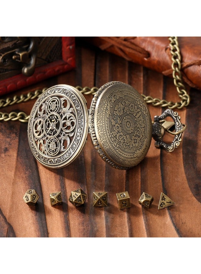 Keller & Weber Mini DND Dice Set with Steampunk Hollow Gear Pocket Watch Case, Tiny 7-Piece Polyhedral Metal D&D Dice, DND Gifts with Gift Box, Role Playing Game Board Game Accessories Dice, Bronze  - Image 5