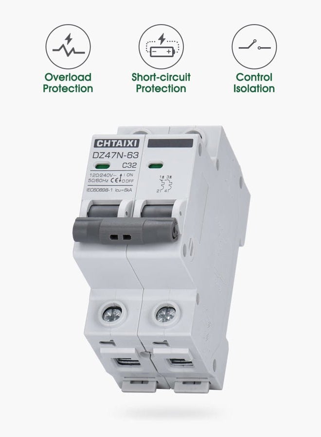 CHTAIXI قاطع الدائرة المصغر AC، 32A 120V/240V، 2 قطب، قاطع دائرة مثبت على سكة DIN، زناد حراري مغناطيسي، مفتاح فصل الطاقة الشمسية Mcb C32 - Image 3