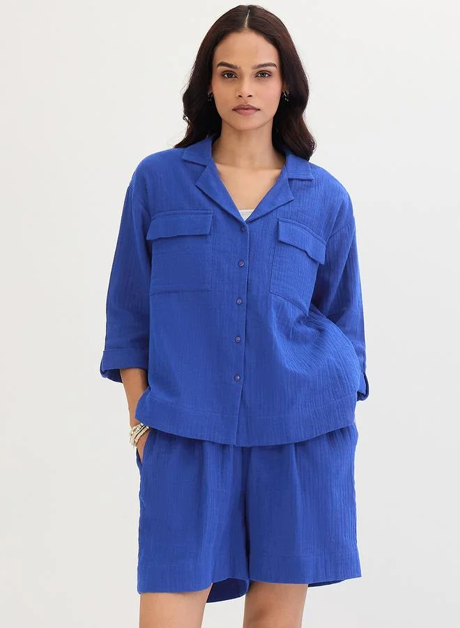 Femmella Blue Cotton Shirt and Shorts Co-Ords