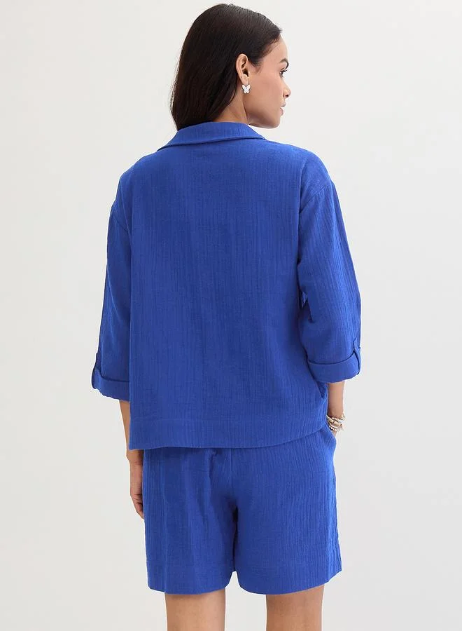 Femmella Blue Cotton Shirt and Shorts Co-Ords