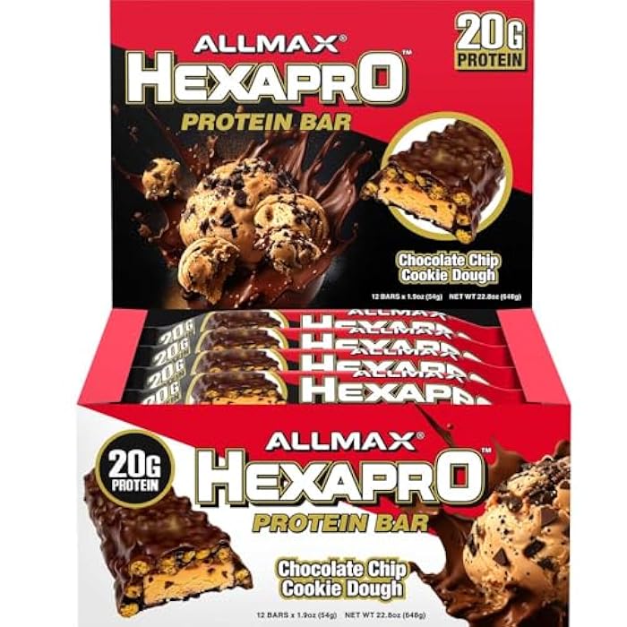 ALLMAX HEXAPRO PROTEIN BAR, Chocolate Chip Cookie Dough - Pack of 12 - High-Protein Energy Snack - 20 g of Protein Per Bar - With Whey Protein Isolate - Image 1
