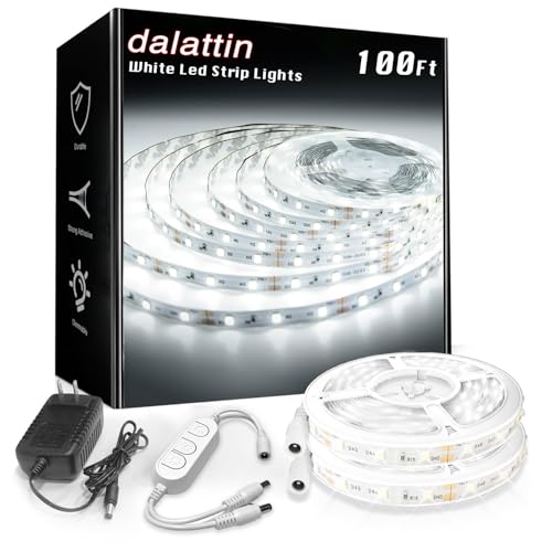 dalattin White LED Strip Lights 100ft, Dimmable Bright 24V Led Light Strip 6500K Daylight White 1800 LEDs Lights for Bedroom, Mirror, Kitchen, Strong Adhesive, 2 roll of 50ft - Image 1