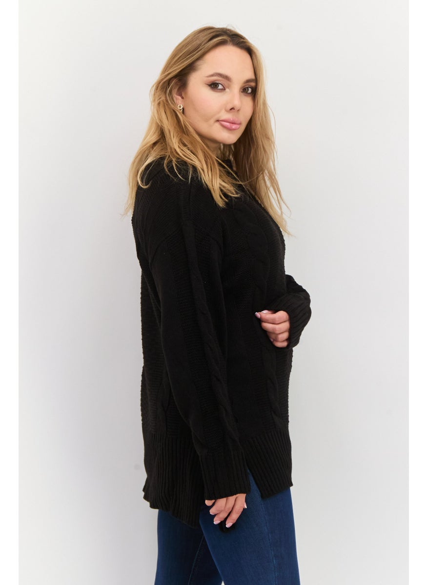 Black Tape - Women Mock Neck Textured Sweater, Black - Image 1