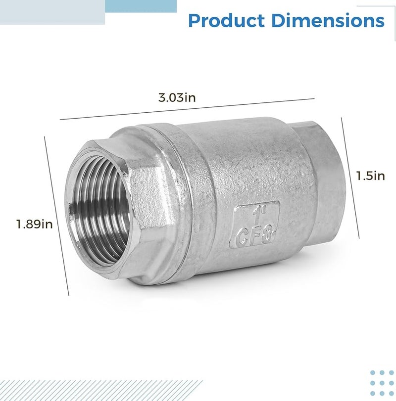 صمام فحص عمودي من الفولاذ المقاوم للصدأ 304 بوصة واحدة NPT، أحادي الاتجاه، محمل بنابض، تحكم في التدفق، أختام PTFE - Image 5