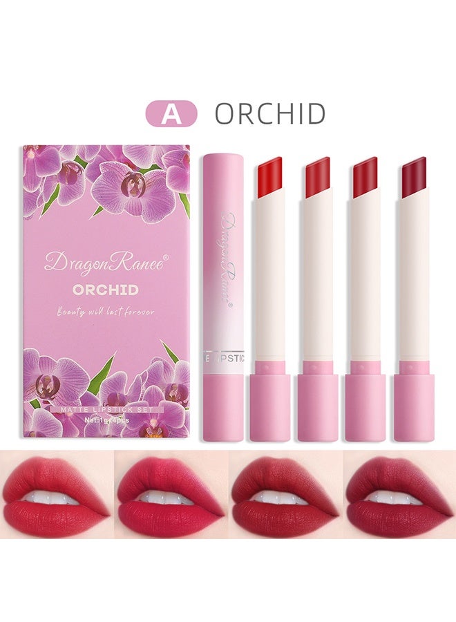 راني دراجون 4 قطع أحمر شفاه غير لامع مجموعة أحمر شفاه رطب شفاه لامع مقاوم للماء طويل الأمد مجموعة أحمر شفاه لمكياج نسائي (أوركيد) - Image 1