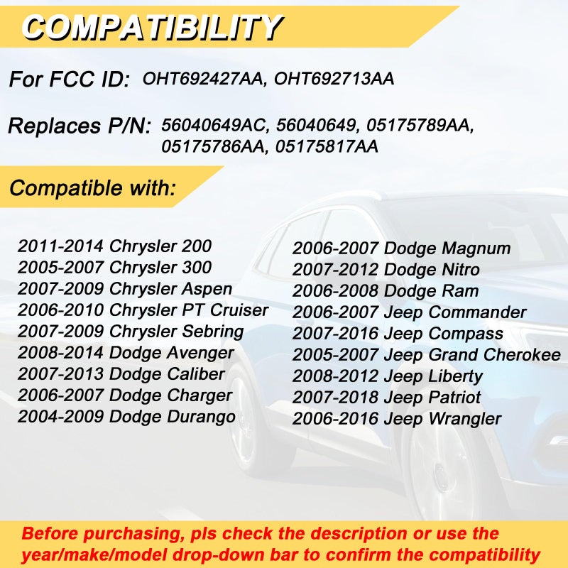 Vurkcy Key Fob Replacement for 2007-2016 Compass/ 07-18 Patriot/ 06-16 Wrangler/ 04-09 Dodge Durango/ 06-08 Ram/ 07-13 Caliber/ 08-14 Avenger/ 11-14 Chrysler 200/07-09 Sebring, OHT692427AA,2Pcs - Image 2
