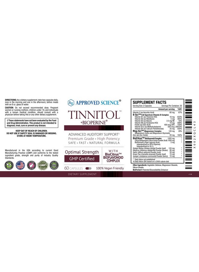Approved Science - ® Tinnitol Tinnitus Support Supplement Ease Ringing In The Ears Boost Inner Ear Health 60 Capsules Made In The Usa - Image 1