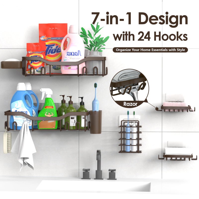 NESOMI Shower Caddy Adhesive Shower Organizer 7-Pack, Rustproof Stainless Steel Bathroom Shelves, Large Capacity No-Drill Rack Storage Accessories with Soap Dish Toothbrush Holder Hooks - Image 4