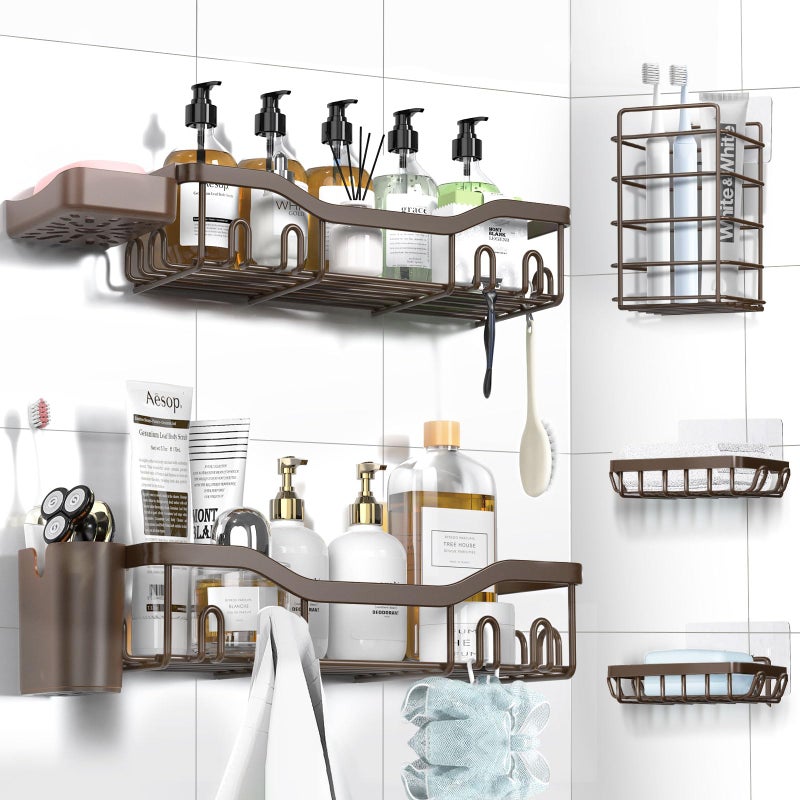 NESOMI Shower Caddy Adhesive Shower Organizer 7-Pack, Rustproof Stainless Steel Bathroom Shelves, Large Capacity No-Drill Rack Storage Accessories with Soap Dish Toothbrush Holder Hooks - Image 1