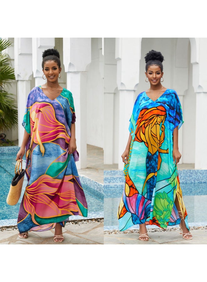 Loquat 2024 European And American Rayon Beach Blouse V-neck Gown Holiday Bikini Swimsuit Sunscreen Jacket-Color:71126 erfly *- - Image 4