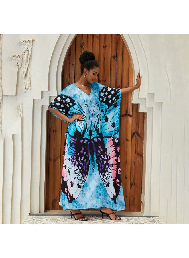 Loquat 2024 European And American Rayon Beach Blouse V-neck Gown Holiday Bikini Swimsuit Sunscreen Jacket-Color:71126 erfly *- - Image 1