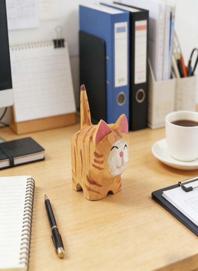 EMiEN Cute Small Wood Cat Figurine Carved Orange Cat,Handmade Sculpture Craft Set, for Home Office Decoration, Car Ornaments(Orange Cat) - Image 3