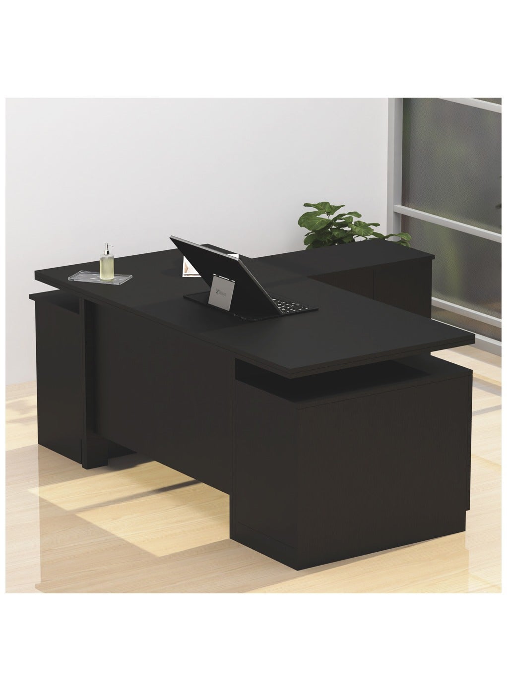 Mahmayi Samtida 193 Modern Executive Workstation Desk with Cabinet Computer and Laptop Desk Wooden Finish Ideal for Home and Office - Black