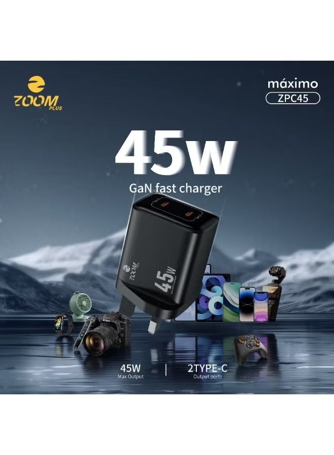 زوم بلس شاحن سريع ZOOM PLUS ZPC45 Máximo بقوة 45 واط بتقنية GaN – منفذي USB-C، شاحن ذكي فائق السرعة للهواتف الذكية والأجهزة اللوحية واللابتوبات - Image 1