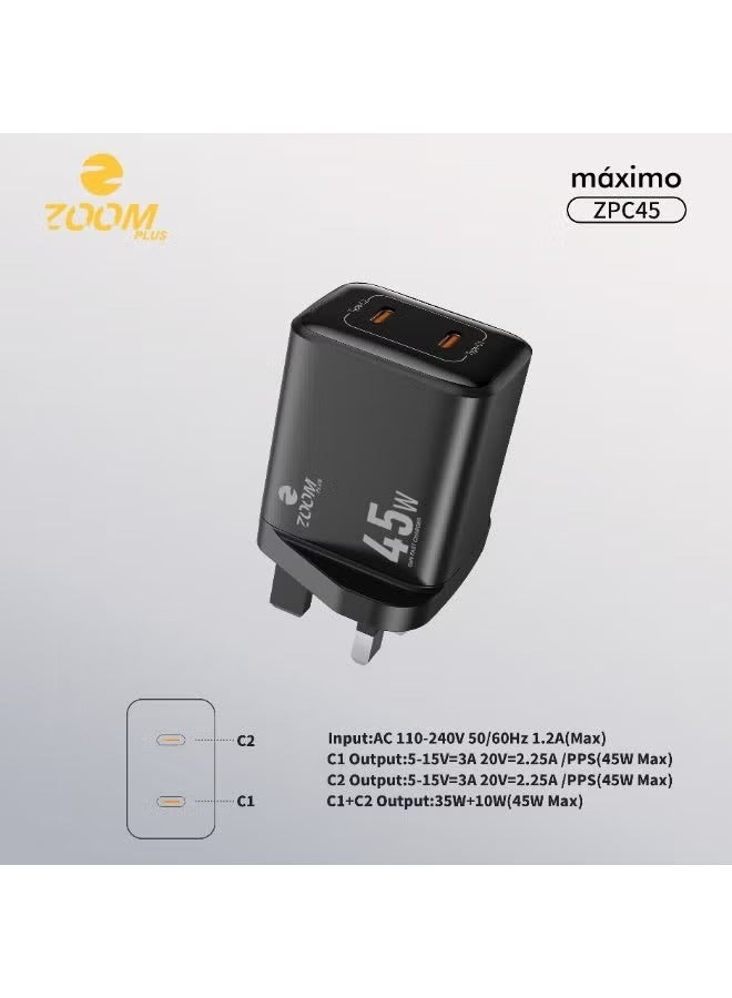 زوم بلس شاحن سريع ZOOM PLUS ZPC45 Máximo بقوة 45 واط بتقنية GaN – منفذي USB-C، شاحن ذكي فائق السرعة للهواتف الذكية والأجهزة اللوحية واللابتوبات - Image 3