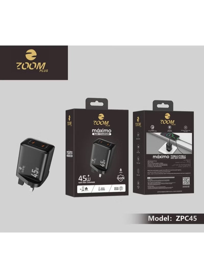 زوم بلس شاحن سريع ZOOM PLUS ZPC45 Máximo بقوة 45 واط بتقنية GaN – منفذي USB-C، شاحن ذكي فائق السرعة للهواتف الذكية والأجهزة اللوحية واللابتوبات - Image 2