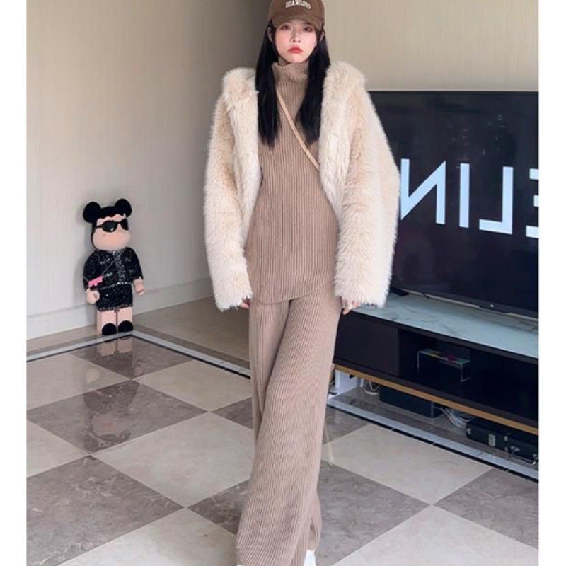 Purple Wool Two-piece Set Autumn Winter Thick Loose Lazy Style Knitted Wide-leg Pants Set Women Trendy Camel