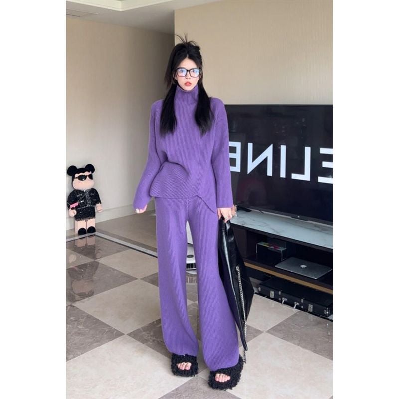 Purple Wool Two-piece Set Autumn Winter Thick Loose Lazy Style Knitted Wide-leg Pants Set Women Trendy Camel