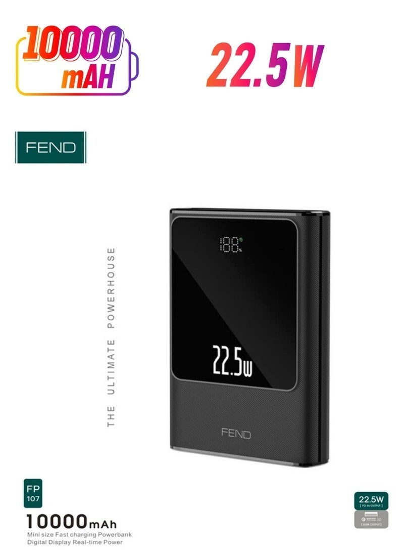 FEND FP107 10000mAh Mini Power Bank | 22.5W Fast Charging with Digital Display | Compact Portable Battery Pack for Smartphones, Tablets & Gadgets – Black - Image 1