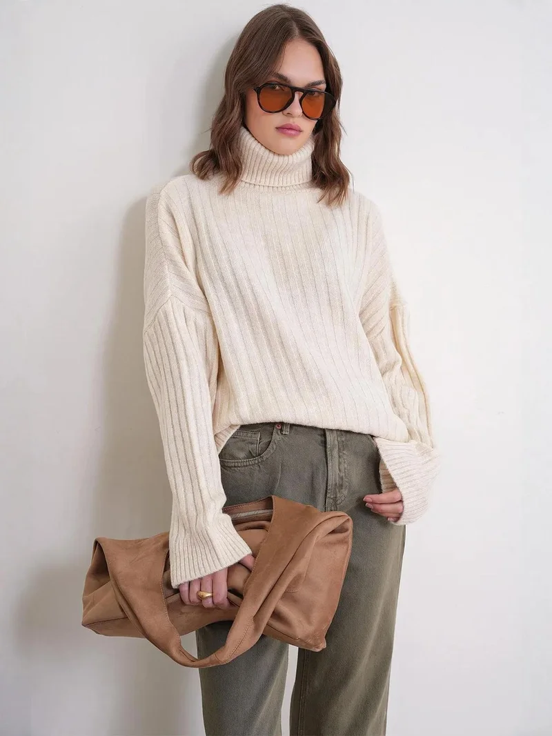 Mixray Natural Mixray Oversize Ribbed Turtleneck Sweater for Women | Best Price UAE