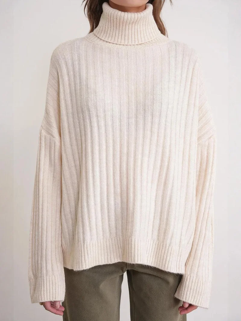 Mixray Natural Mixray Oversize Ribbed Turtleneck Sweater for Women | Best Price UAE