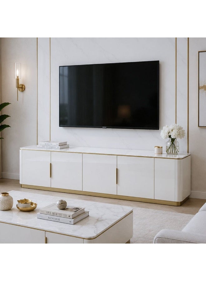 DANUBE HOME وحدة تلفزيون فورتفيل 4 أبواب بتشطيب لامع عالي تصلح لشاشات حتى 80 بوصة تصميم عصري خزانة تلفزيون خشبية حامل تلفزيون مركز وسائط لغرفة المعيشة أو غرفة النوم L200xW45xH55 سم - رمادي فاتح - Image 5