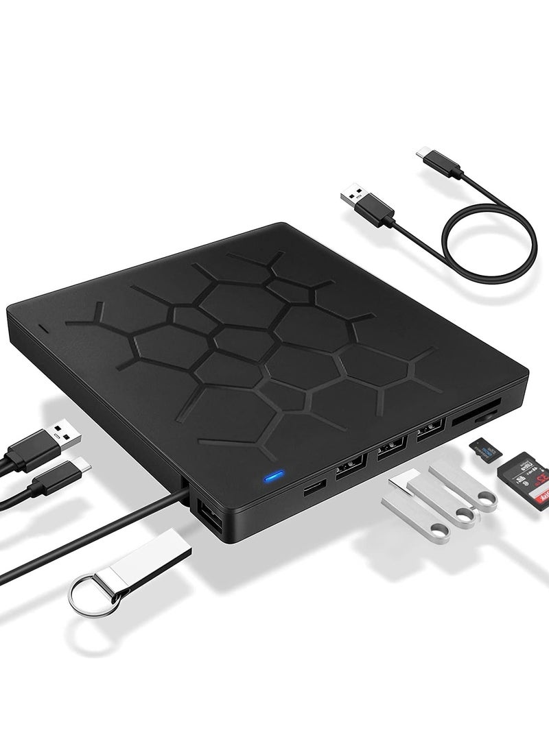 محرك أقراص DVD خارجي ، حرق CD / DVD USB 3.0 للكمبيوتر المحمول ، مع 4 منافذ USB و 2 فتحات بطاقة SD ، رفيع جدًا. - Image 1