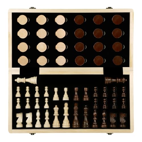 LEAP Wooden Chess and Checker Sets 15 Walnut Maple Folding Chess Board with 2 Extra Queens Chess Board Set Wooden Chess Sets for Adults - Image 1