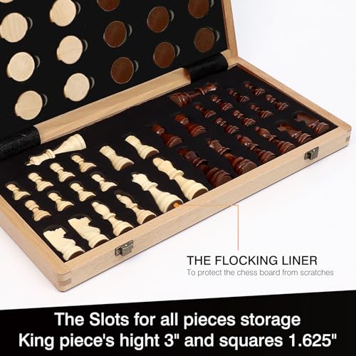 LEAP Wooden Chess and Checker Sets 15 Walnut Maple Folding Chess Board with 2 Extra Queens Chess Board Set Wooden Chess Sets for Adults - Image 5