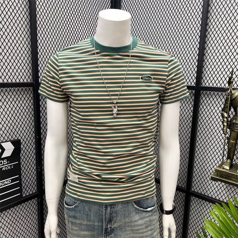 Handsome Top Trendy Green Striped Short-sleeved Men's Slim-fit 2024 Summer New Arrival Half-sleeved T-shirt Trendy Brand T-shirt Round Neck - Image 3