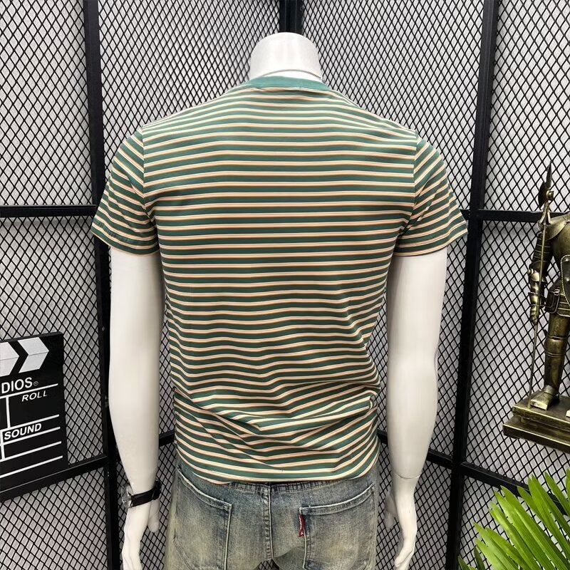 Handsome Top Trendy Green Striped Short-sleeved Men's Slim-fit 2024 Summer New Arrival Half-sleeved T-shirt Trendy Brand T-shirt Round Neck - Image 5