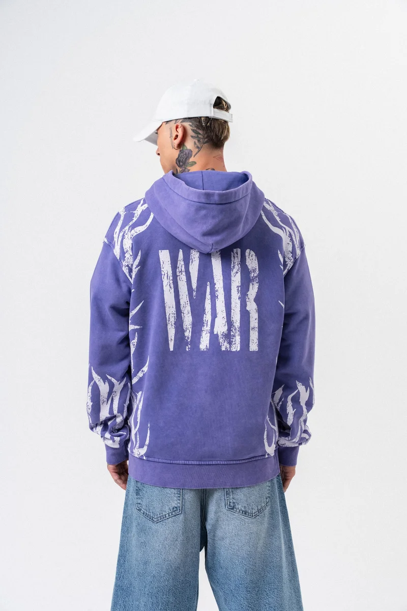 RESPIRE Men's War Printed Washed Hooded Oversize Hoodie Purple
