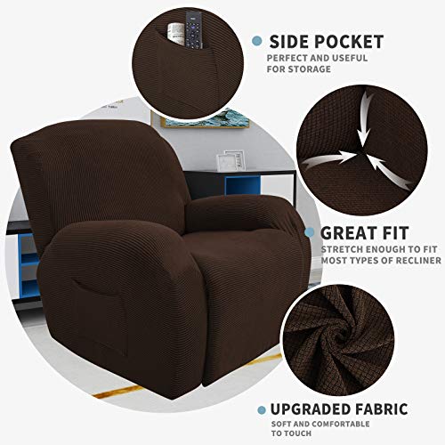 JIVINER Super Stretch Recliner Chair Covers 4 Pieces Sofa Slipcover for Reclining Chair Spandex Soft Recliner Slipcover with Pockets Recliner Furniture Protector (Recliner, Chocolate) - Image 3