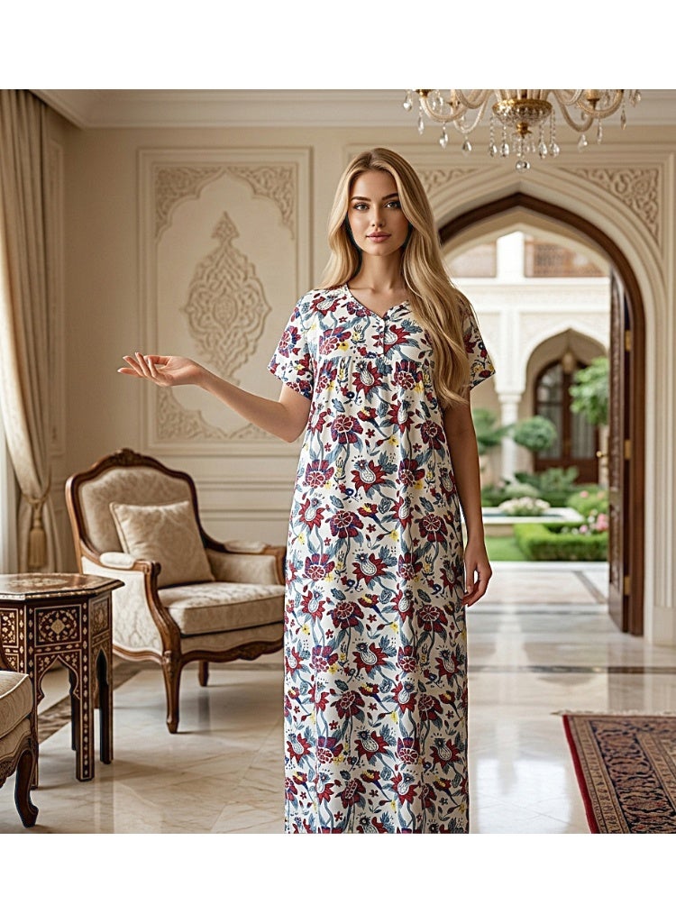 جلابية نسائية قطنية فاخرة بنقوش زهور - فستان منزلي مريح وأنيق - تصميم شرقي عصري - Image 1