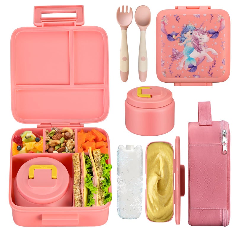 JXXM Bento Lunch Box for Kids With 8oz Soup ThermoLeakproof Lunch Containers with 5 CompartmentThermo Food Jar and Lunch Bag Food Containers for School APinkUnicorn Mermaid