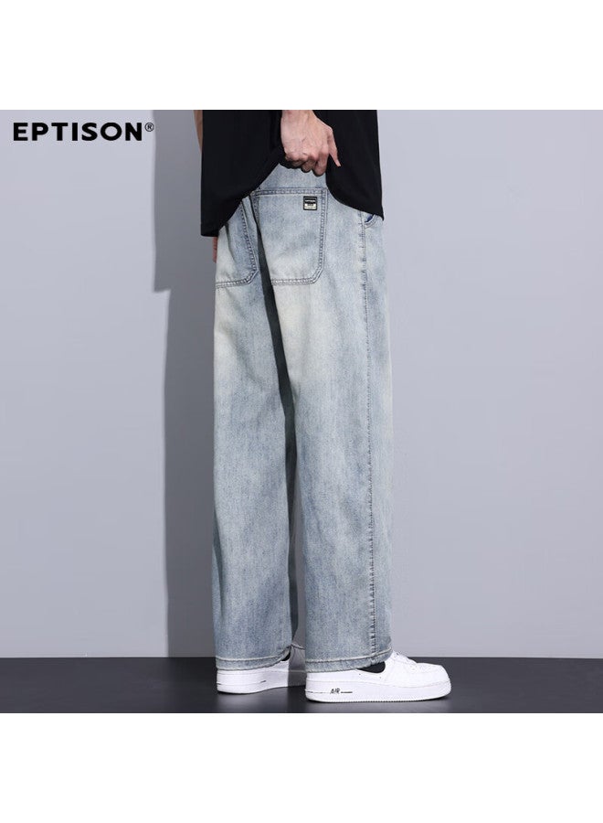EPTISON Yipintiancheng Wide-leg Jeans For Men, Summer Lightweight Style, Elastic Waistband, Loose Casual American High Street Trendy Straight-leg Pants For Me - Image 2