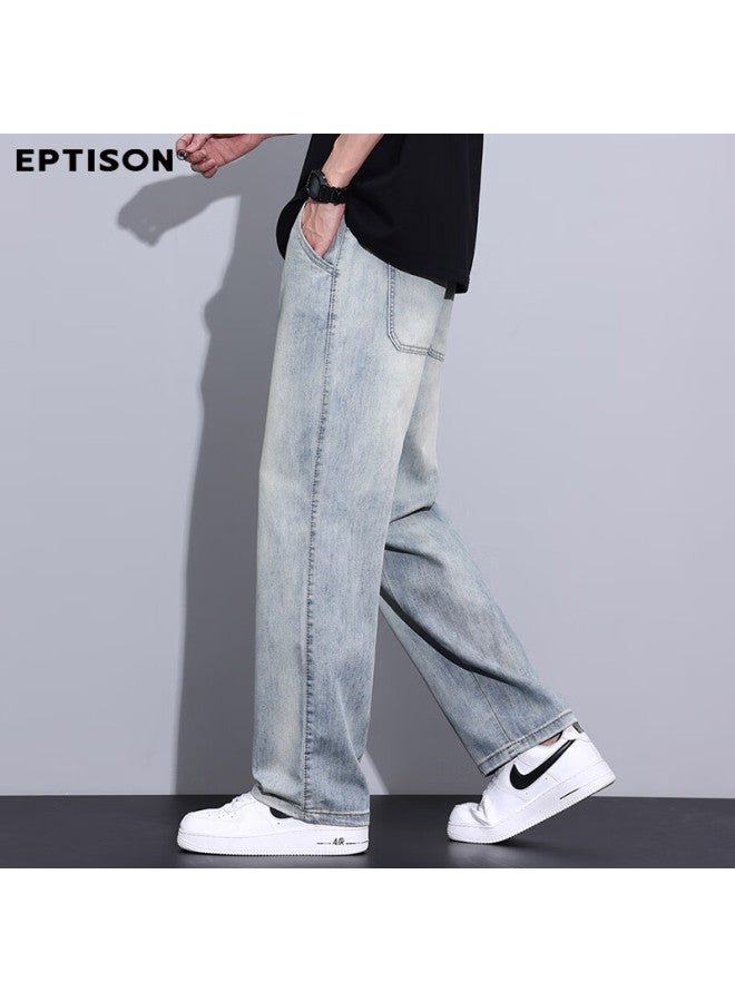 EPTISON Yipintiancheng Wide-leg Jeans For Men, Summer Lightweight Style, Elastic Waistband, Loose Casual American High Street Trendy Straight-leg Pants For Me - Image 1